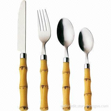 16-piece Stainless steel bamboo design plastic handle cutlery